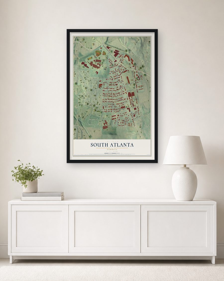 The South Atlanta, Georgia map, 24 x 36 in, in a black wood frame on a living room wall