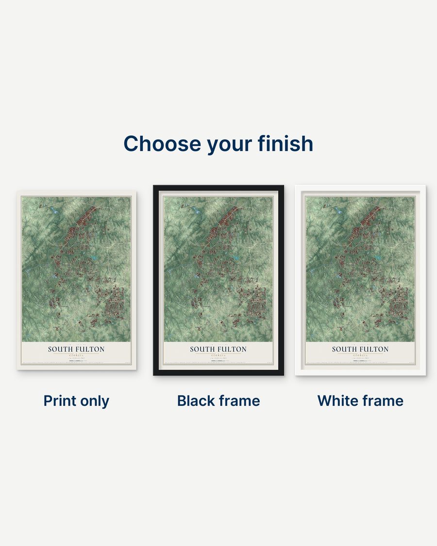 The South Fulton, Georgia map as a print only, in a black frame and in a white frame