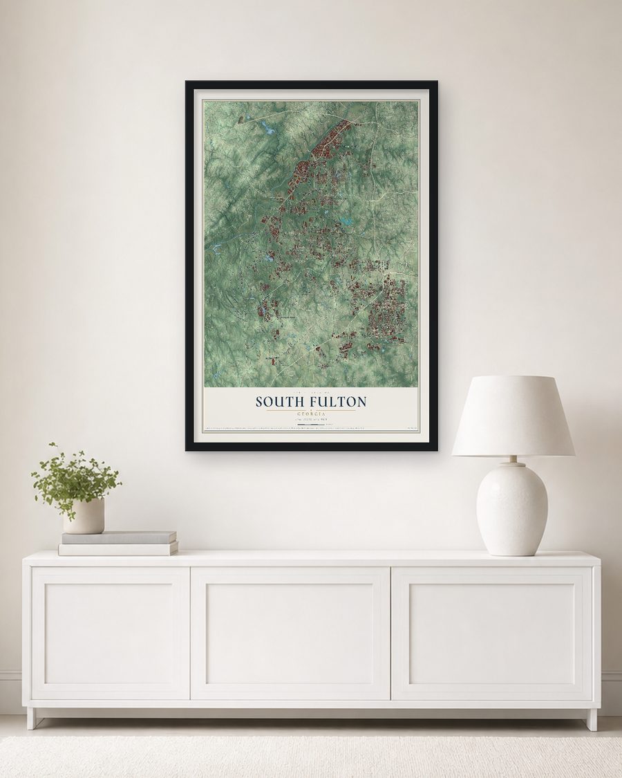 The South Fulton, Georgia map, 24 x 36 in, in a black wood frame on a living room wall