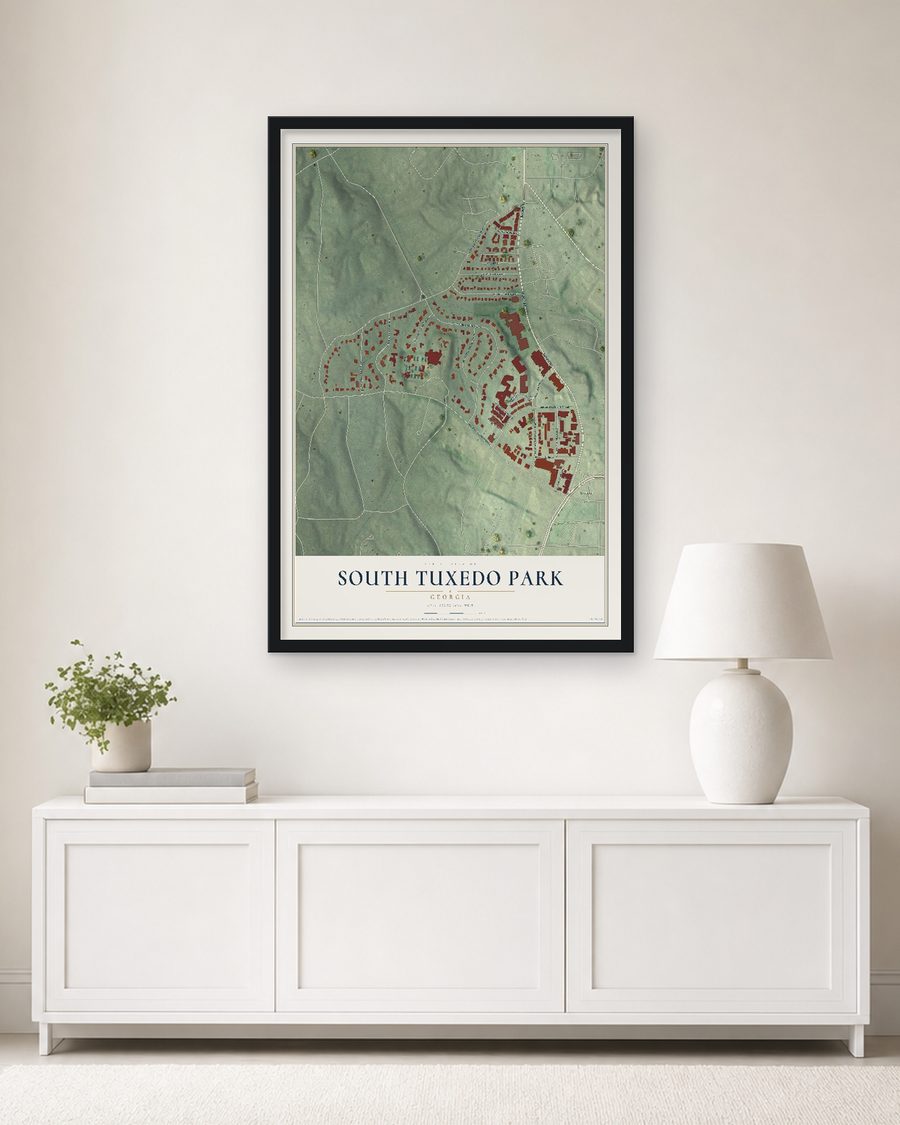 The South Tuxedo Park, Georgia map, 24 x 36 in, in a black wood frame on a living room wall