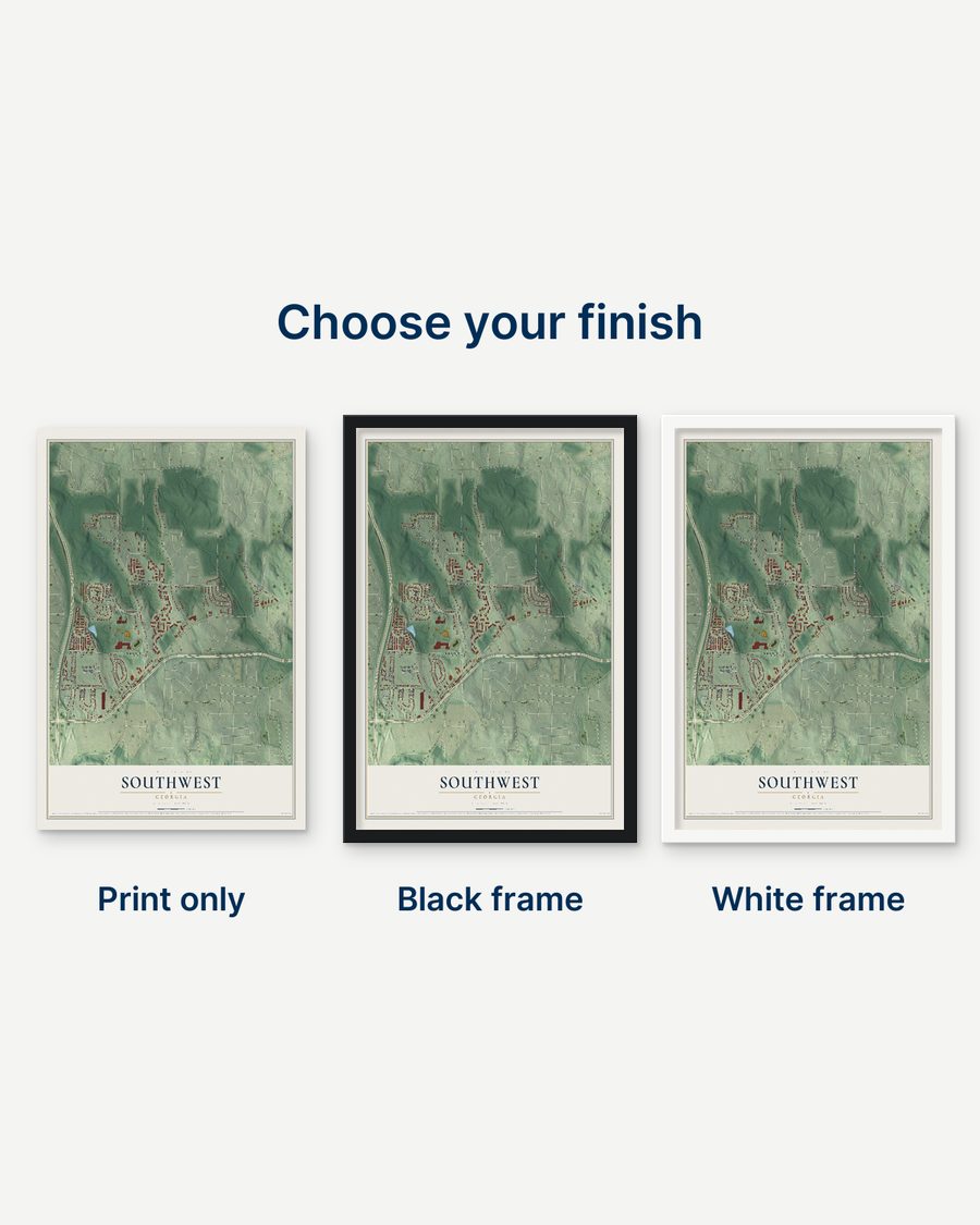 The Southwest, Georgia map as a print only, in a black frame and in a white frame