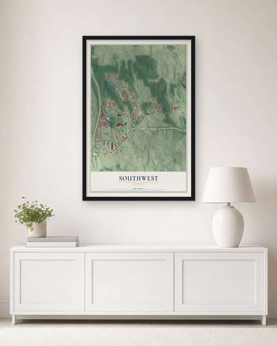 The Southwest, Georgia map, 24 x 36 in, in a black wood frame on a living room wall