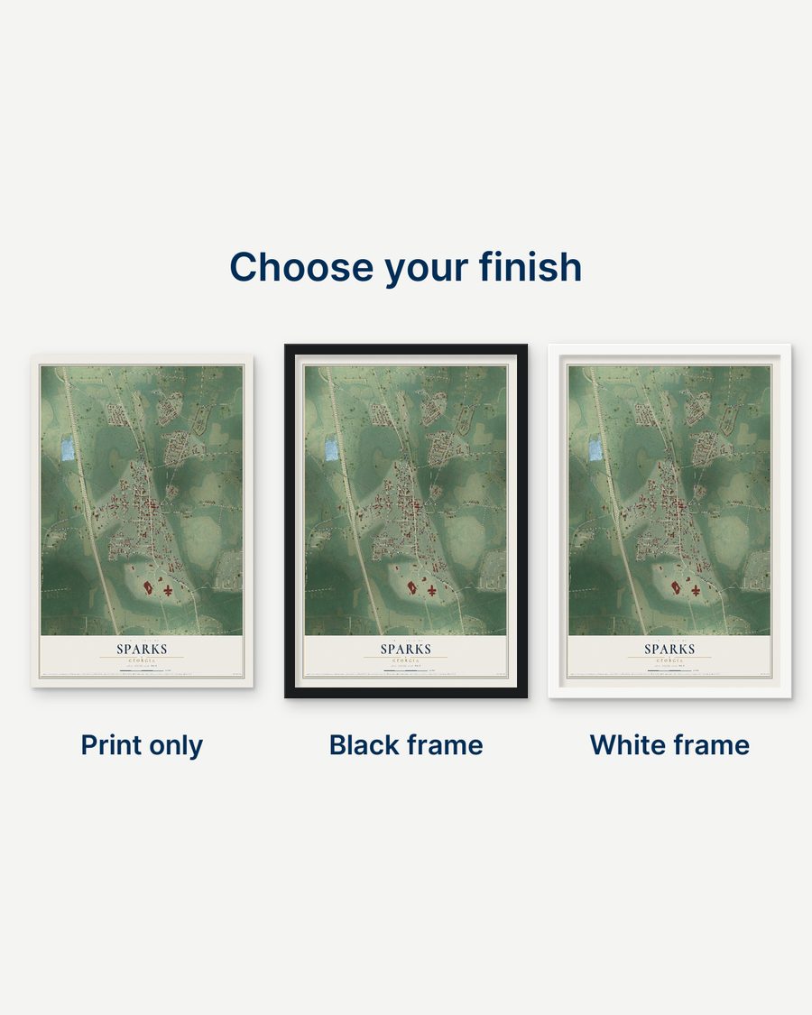 The Sparks, Georgia map as a print only, in a black frame and in a white frame