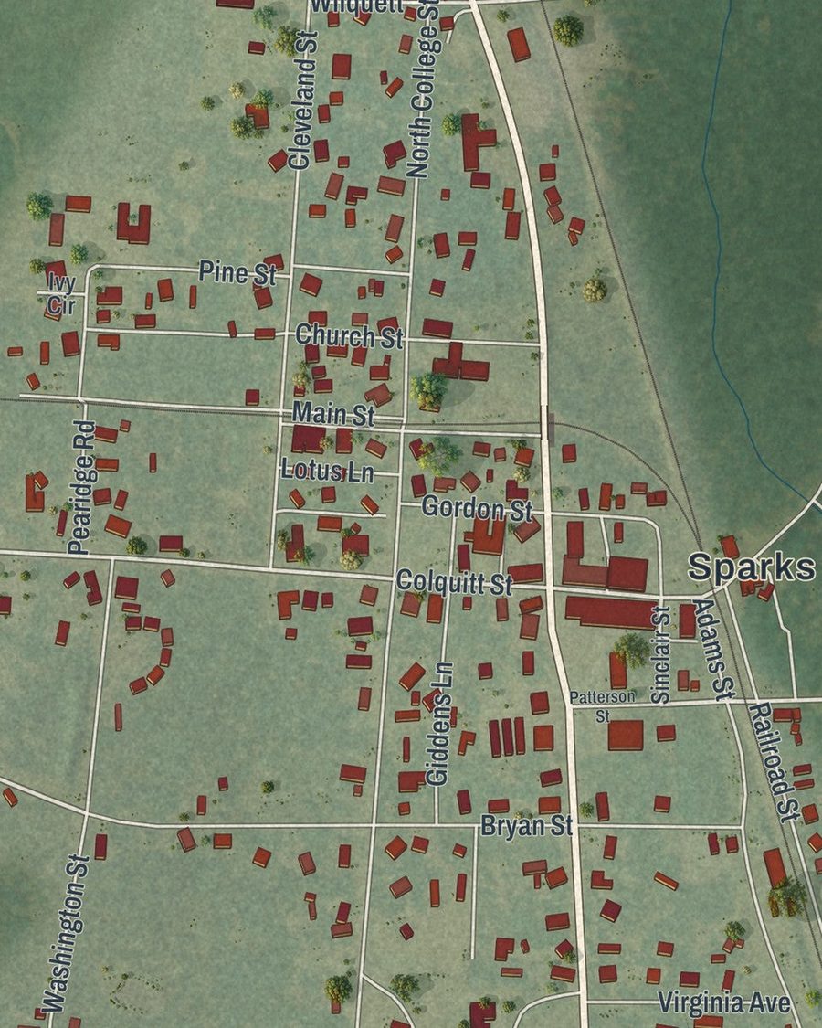 Close-up of Sparks streets on the map