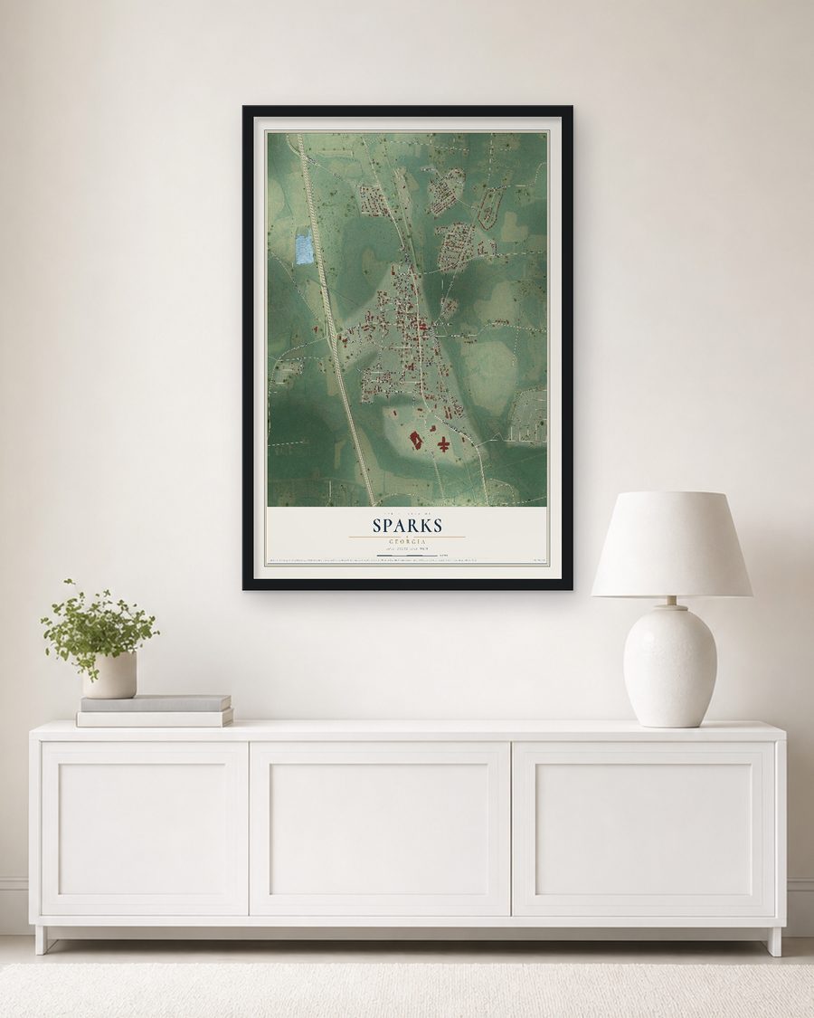 The Sparks, Georgia map, 24 x 36 in, in a black wood frame on a living room wall