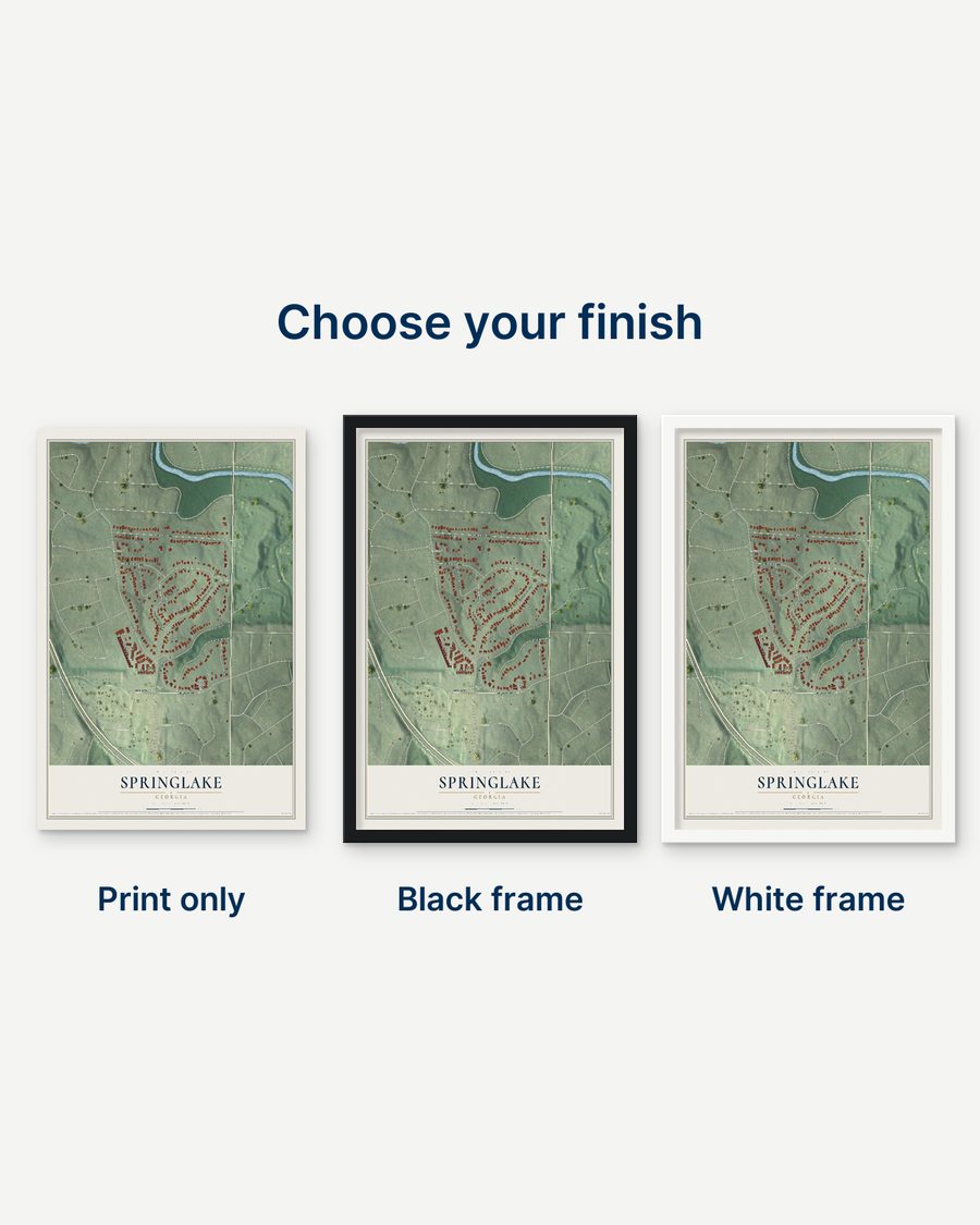 The Springlake, Georgia map as a print only, in a black frame and in a white frame
