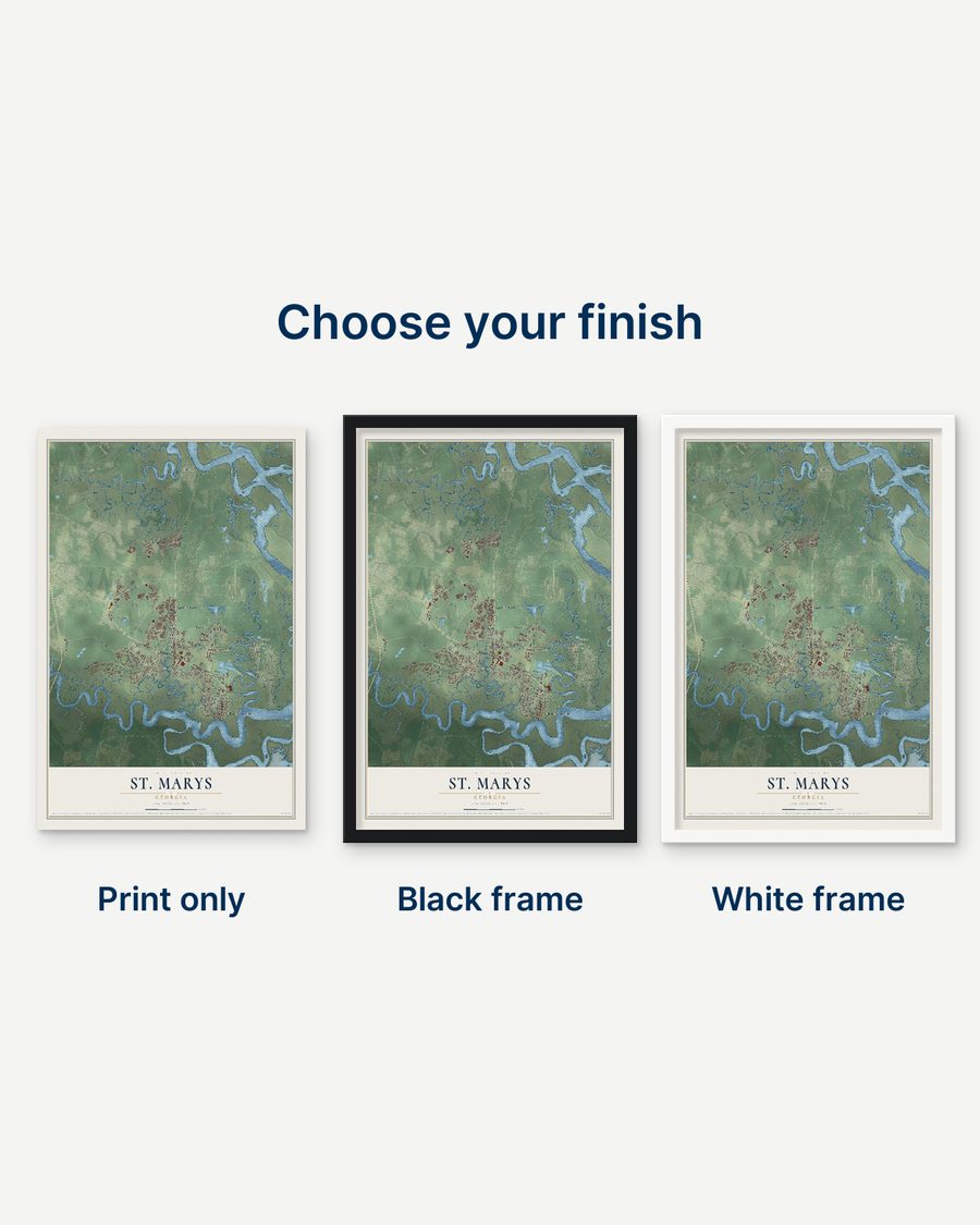 The St. Marys, Georgia map as a print only, in a black frame and in a white frame