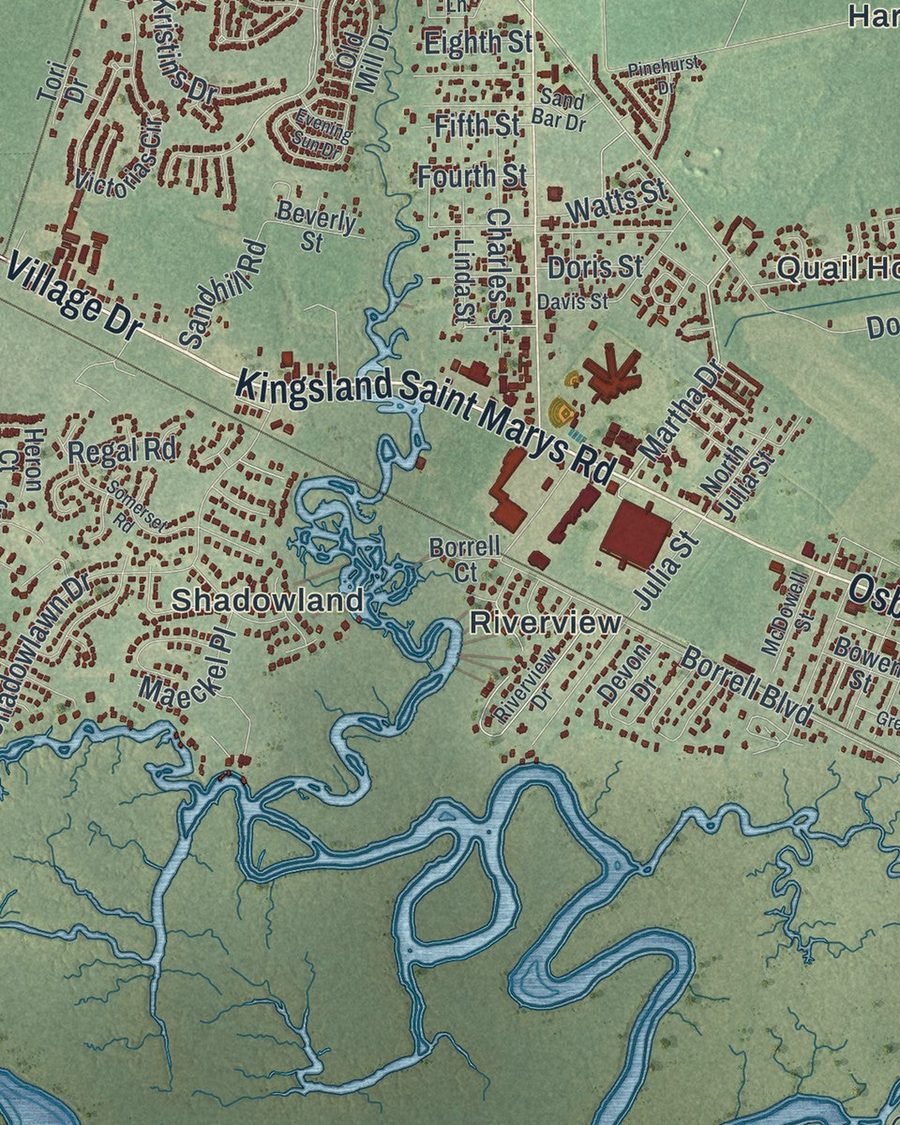 Close-up of St. Marys streets on the map