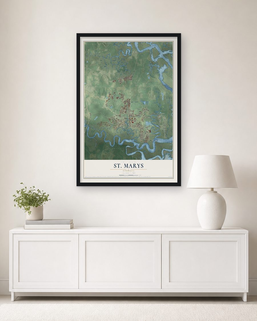 The St. Marys, Georgia map, 24 x 36 in, in a black wood frame on a living room wall