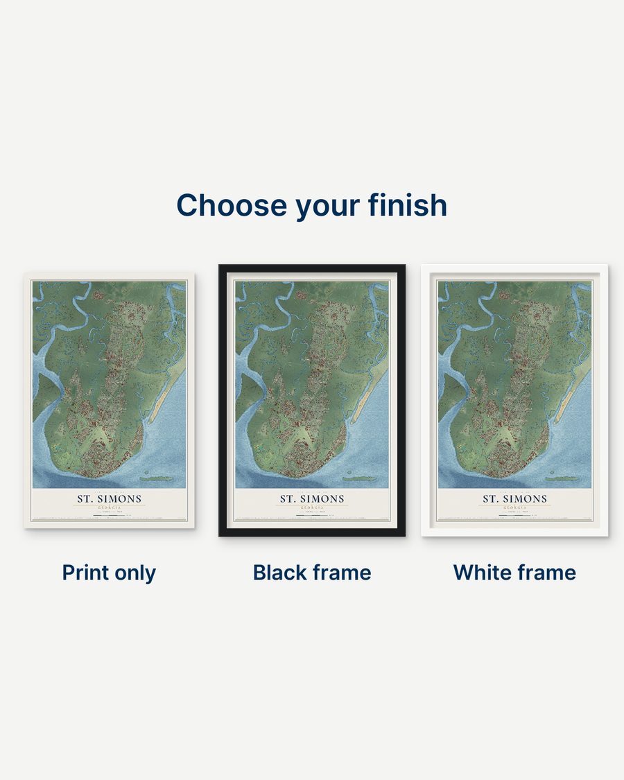 The St. Simons, Georgia map as a print only, in a black frame and in a white frame