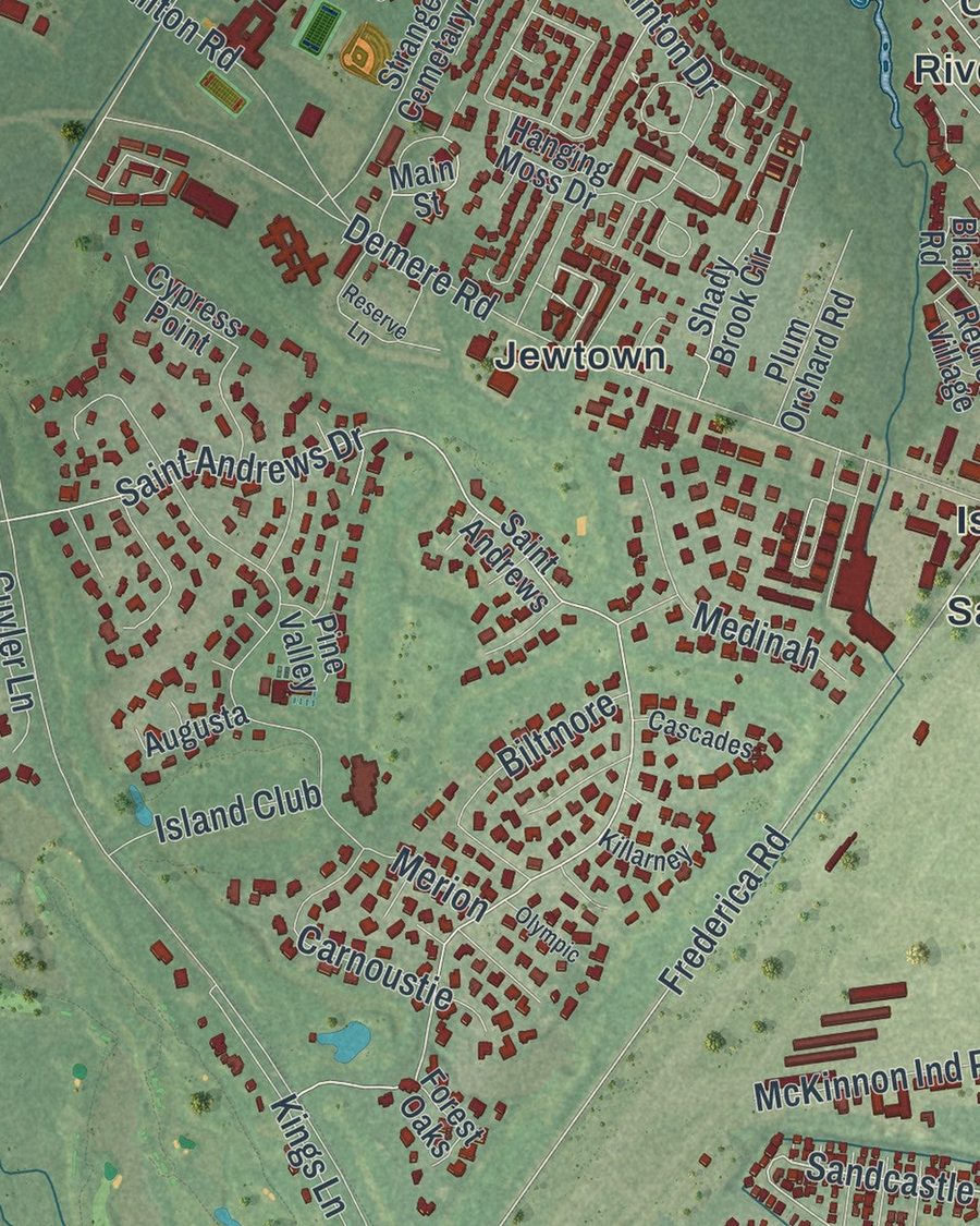 Close-up of St. Simons streets on the map