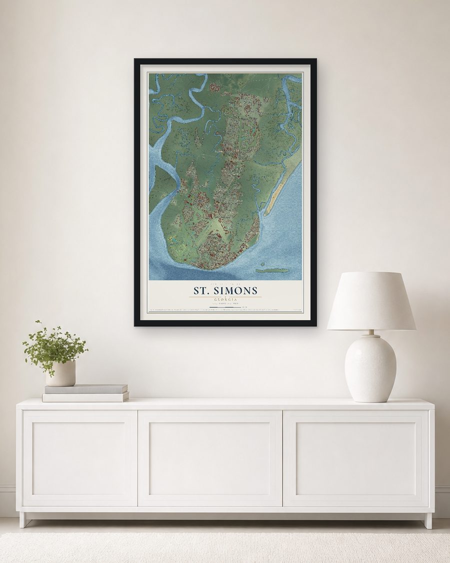 The St. Simons, Georgia map, 24 x 36 in, in a black wood frame on a living room wall