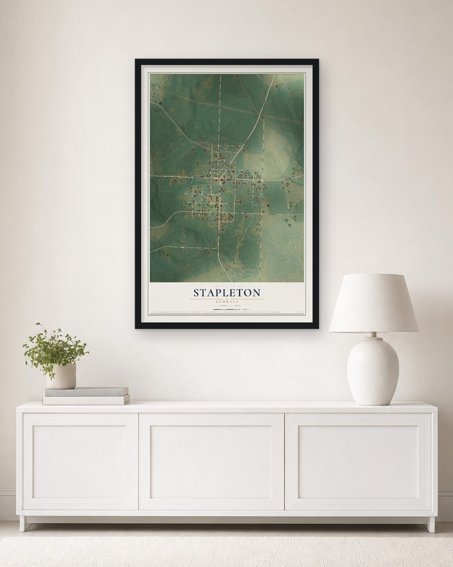 The Stapleton, Georgia map, 24 x 36 in, in a black wood frame on a living room wall