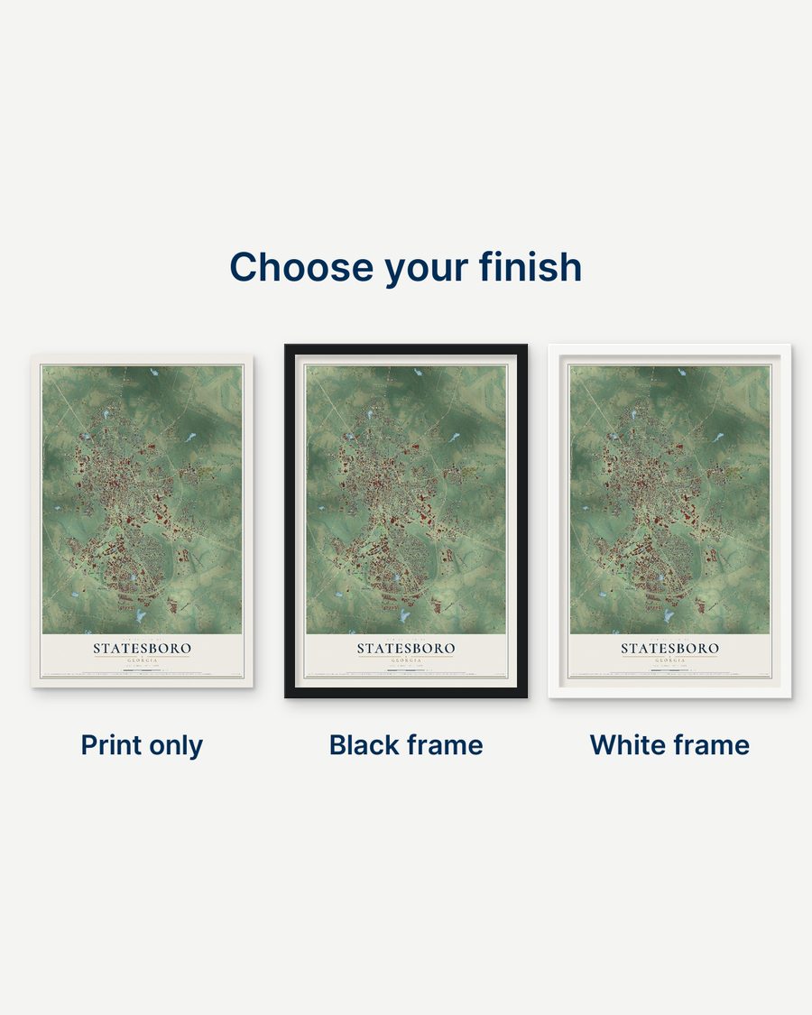 The Statesboro, Georgia map as a print only, in a black frame and in a white frame