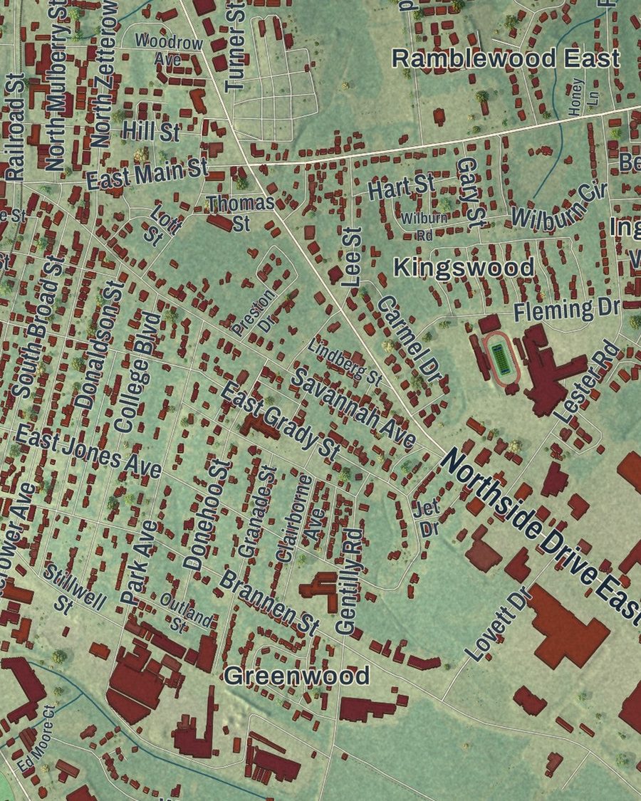 Close-up of Statesboro streets on the map