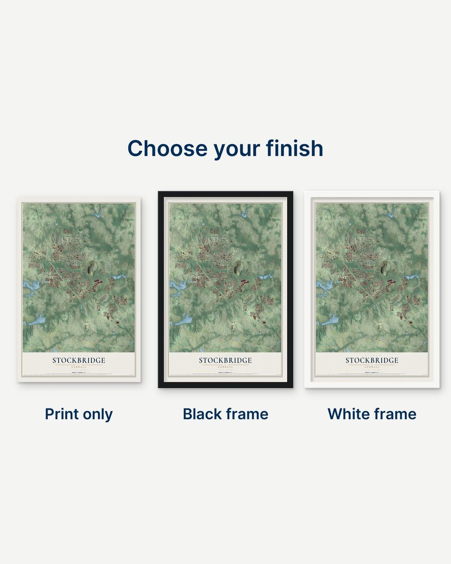 The Stockbridge, Georgia map as a print only, in a black frame and in a white frame