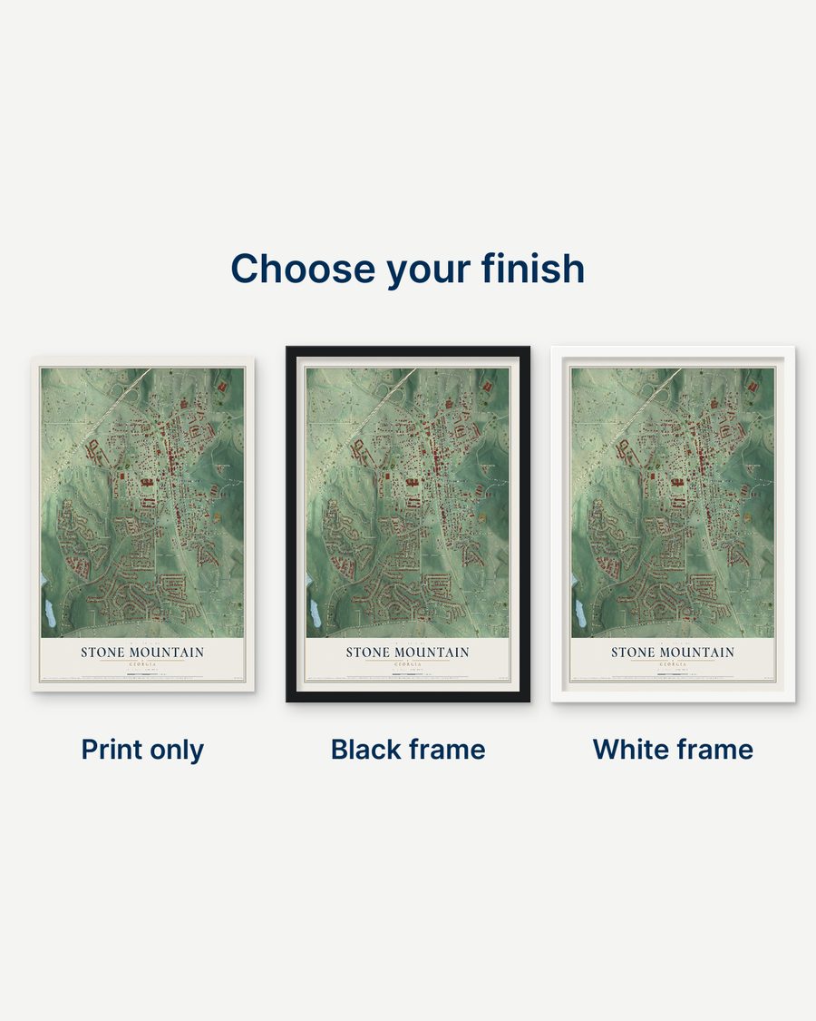 The Stone Mountain, Georgia map as a print only, in a black frame and in a white frame