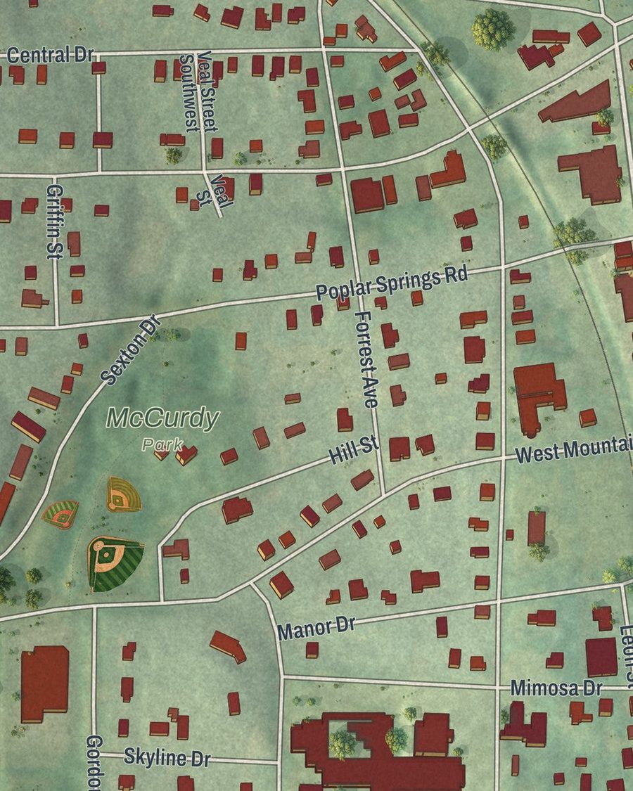 Close-up of Stone Mountain streets on the map