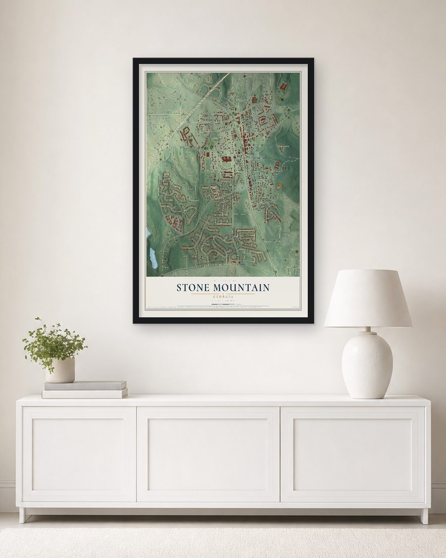 The Stone Mountain, Georgia map, 24 x 36 in, in a black wood frame on a living room wall