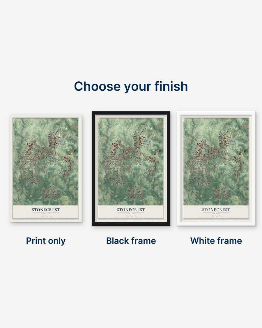 The Stonecrest, Georgia map as a print only, in a black frame and in a white frame
