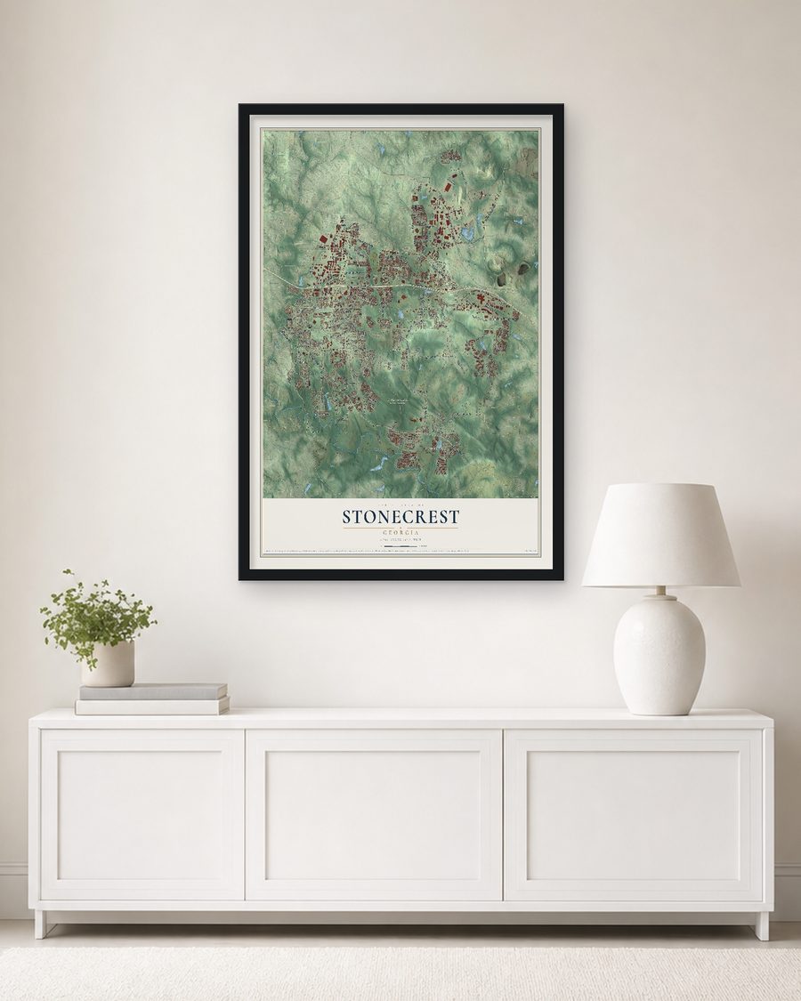 The Stonecrest, Georgia map, 24 x 36 in, in a black wood frame on a living room wall