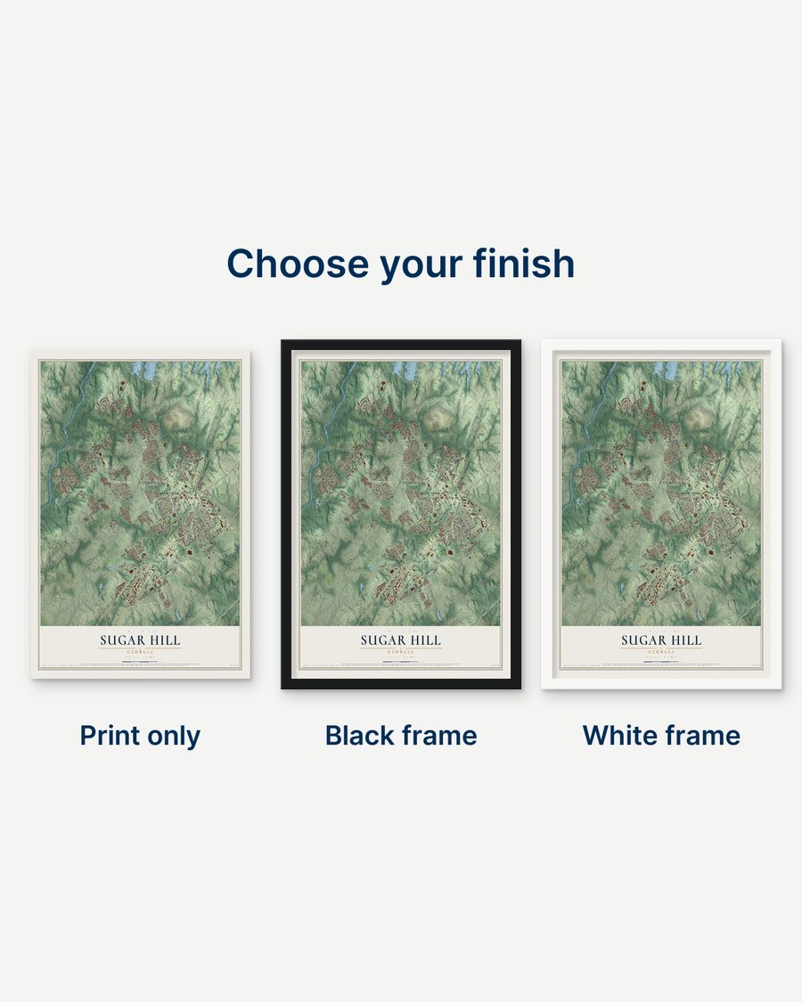 The Sugar Hill, Georgia map as a print only, in a black frame and in a white frame