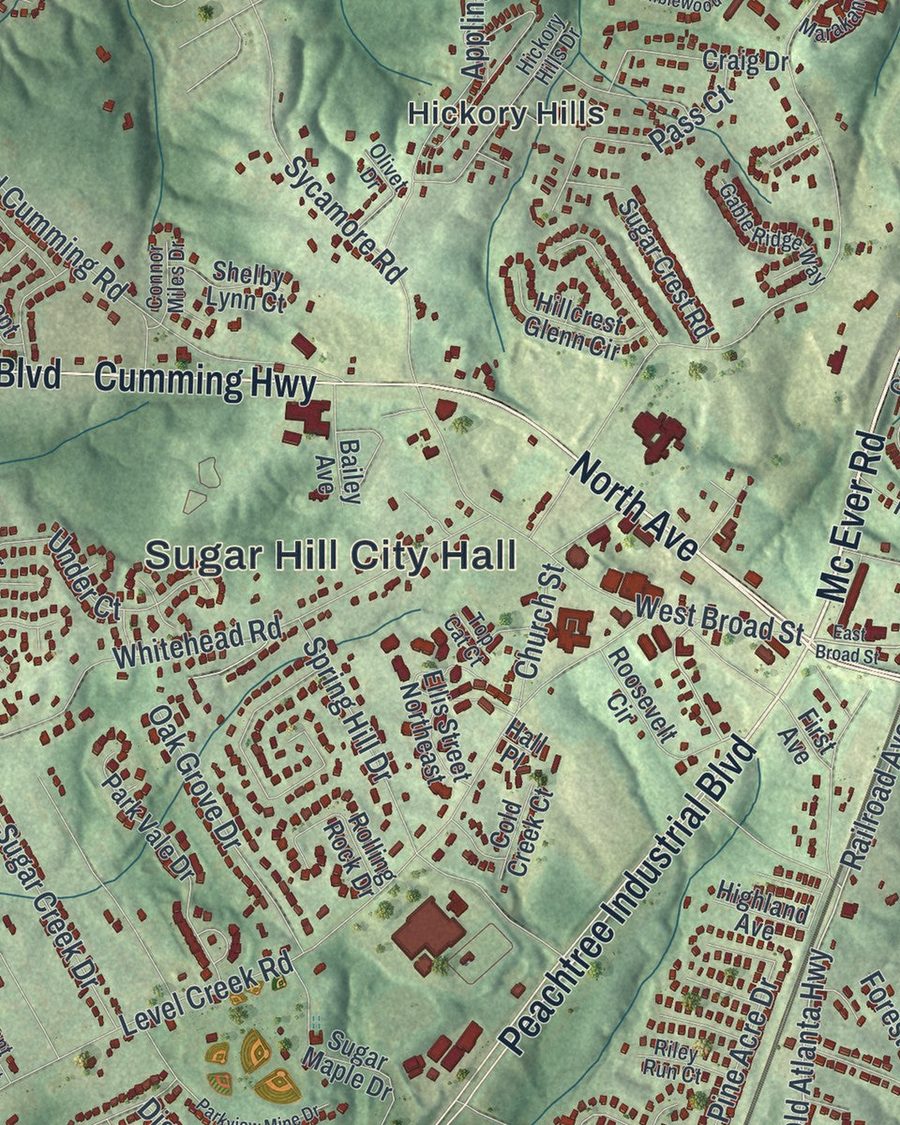 Close-up of Sugar Hill streets on the map