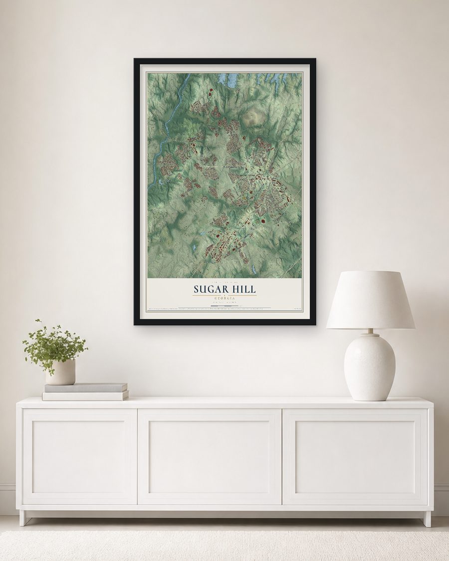 The Sugar Hill, Georgia map, 24 x 36 in, in a black wood frame on a living room wall