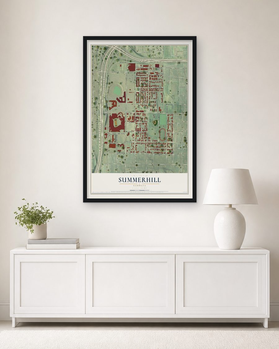 The Summerhill, Georgia map, 24 x 36 in, in a black wood frame on a living room wall