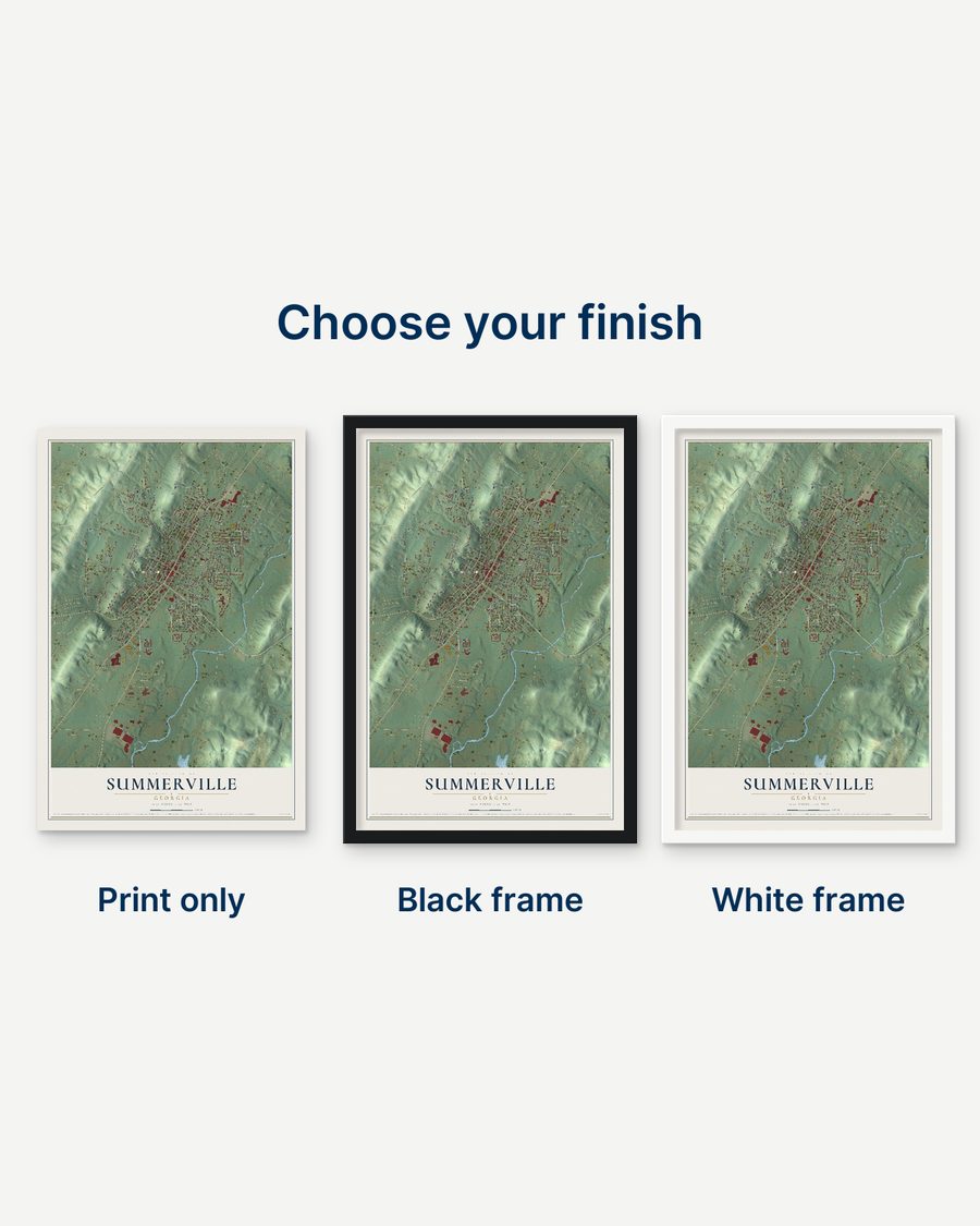 The Summerville, Georgia map as a print only, in a black frame and in a white frame