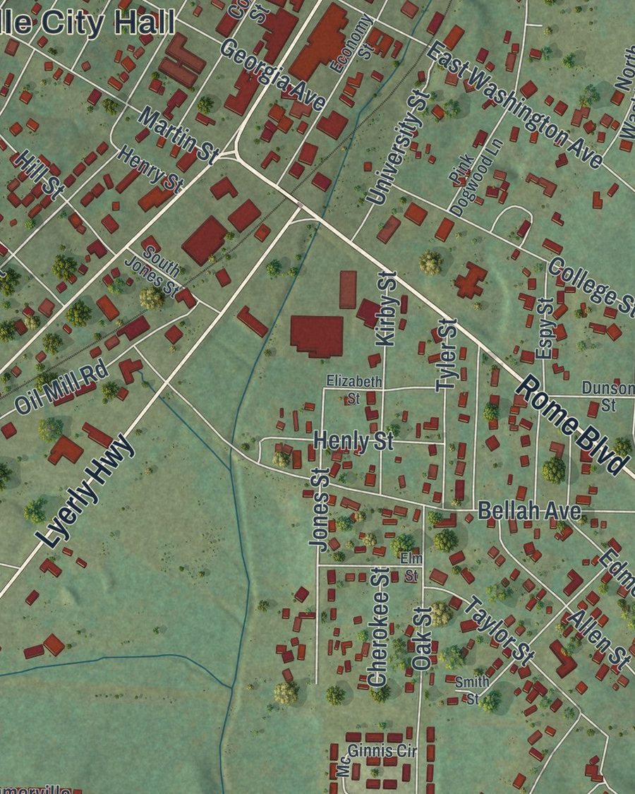 Close-up of Summerville streets on the map