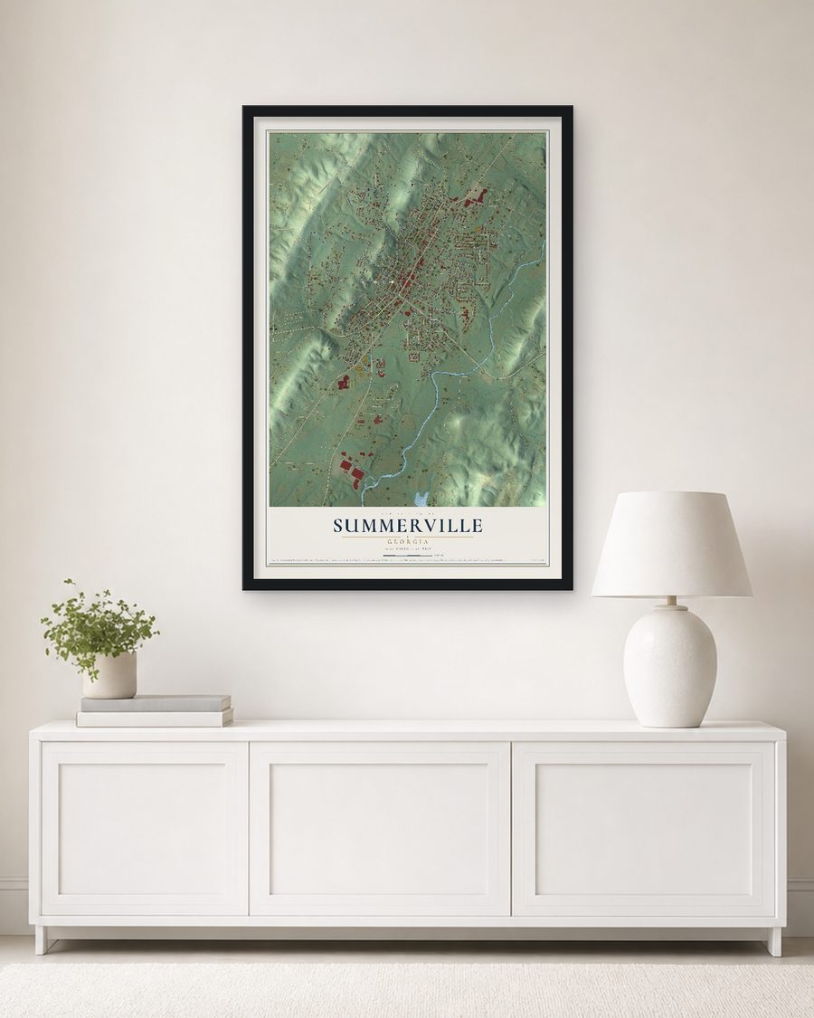 The Summerville, Georgia map, 24 x 36 in, in a black wood frame on a living room wall