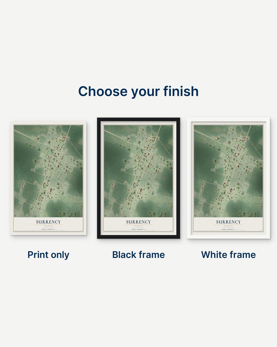 The Surrency, Georgia map as a print only, in a black frame and in a white frame