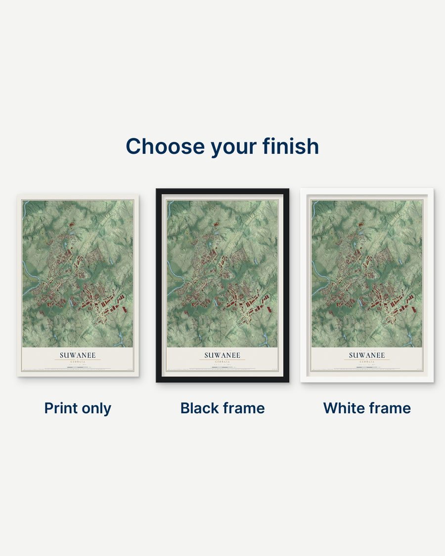 The Suwanee, Georgia map as a print only, in a black frame and in a white frame