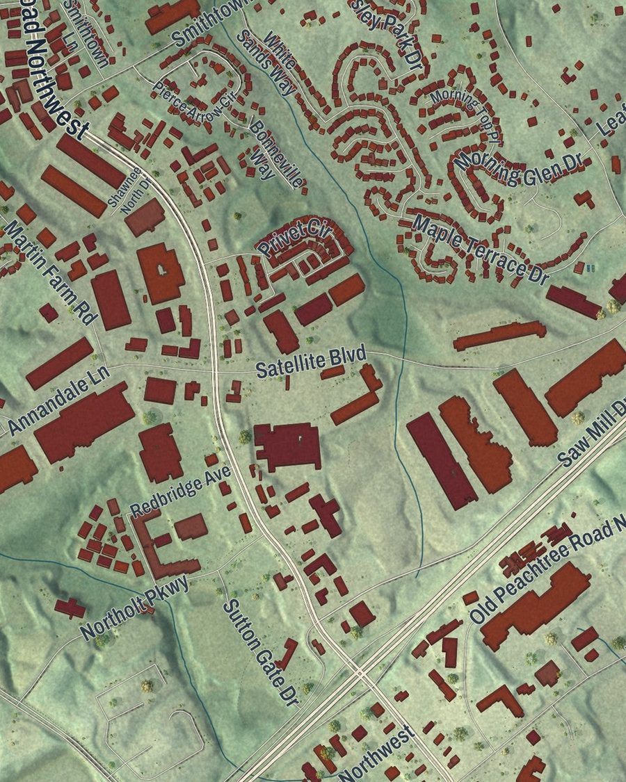 Close-up of Suwanee streets on the map