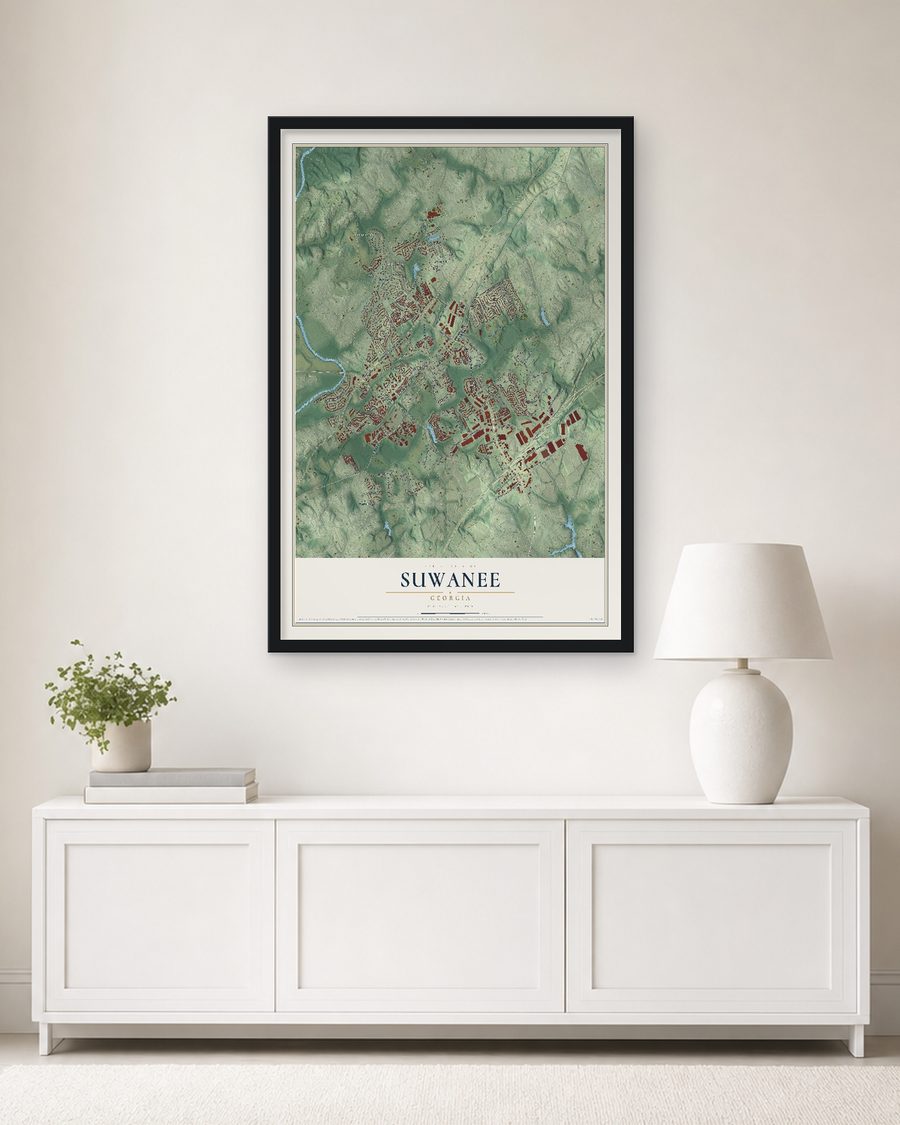 The Suwanee, Georgia map, 24 x 36 in, in a black wood frame on a living room wall