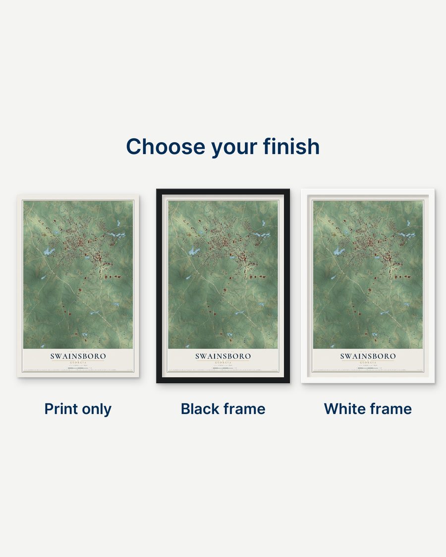 The Swainsboro, Georgia map as a print only, in a black frame and in a white frame