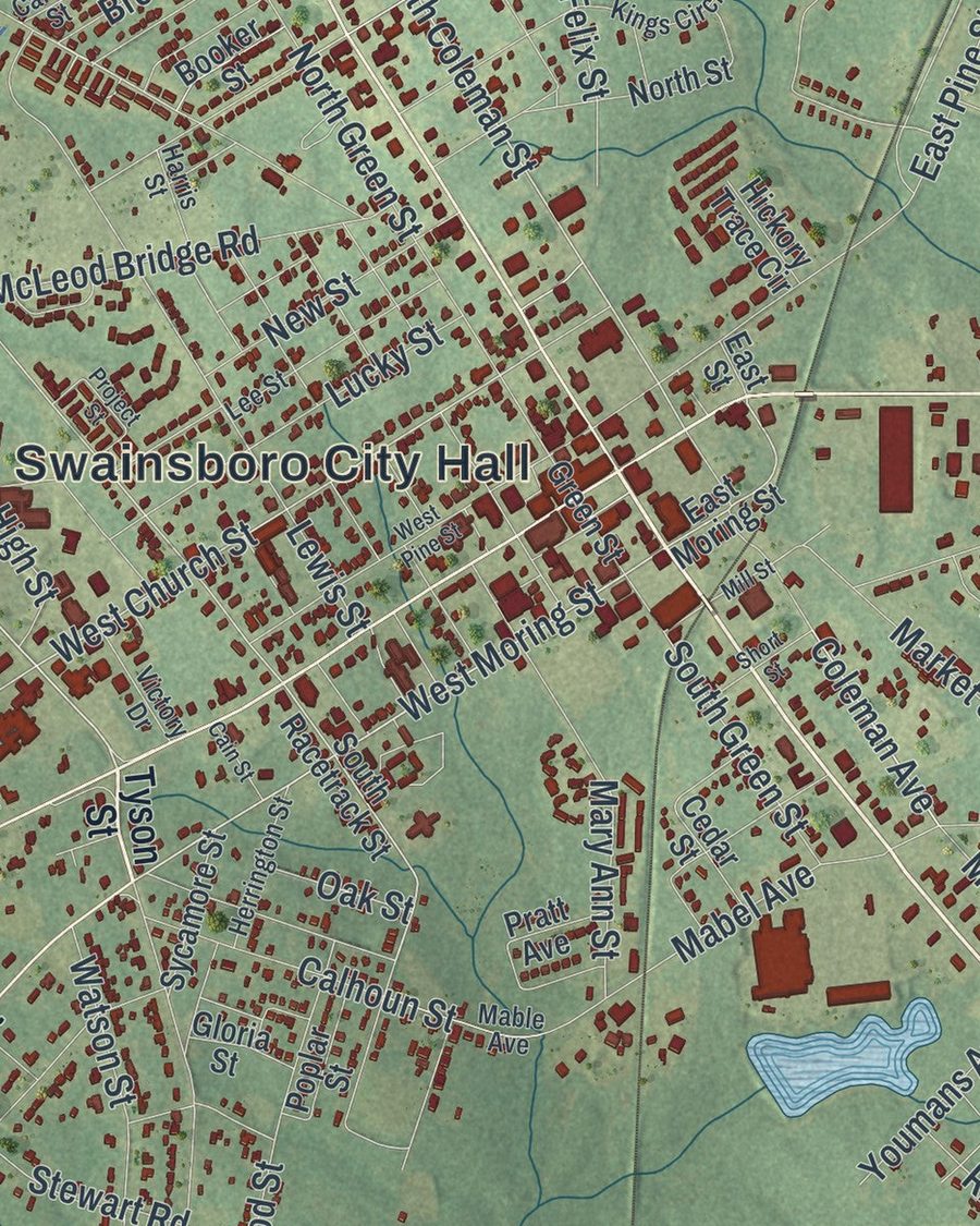 Close-up of Swainsboro streets on the map