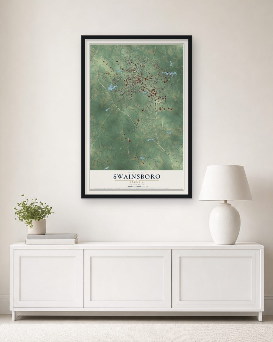 The Swainsboro, Georgia map, 24 x 36 in, in a black wood frame on a living room wall