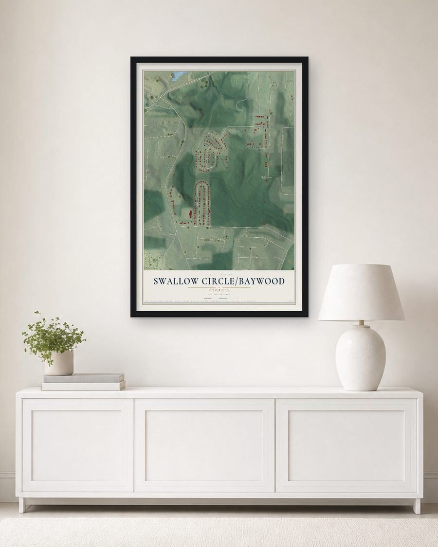 The Swallow Circle-Baywood, Georgia map, 24 x 36 in, in a black wood frame on a living room wall