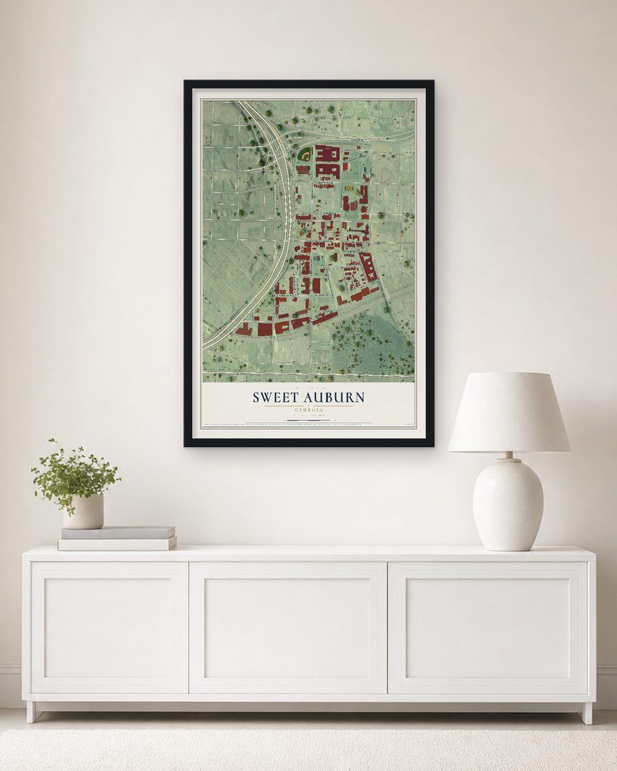 The Sweet Auburn, Georgia map, 24 x 36 in, in a black wood frame on a living room wall
