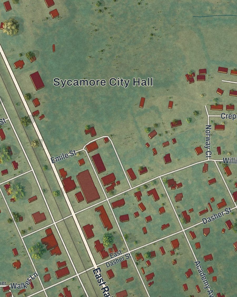 Close-up of Sycamore streets on the map