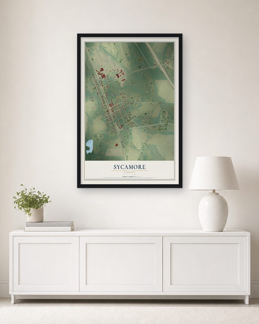 The Sycamore, Georgia map, 24 x 36 in, in a black wood frame on a living room wall