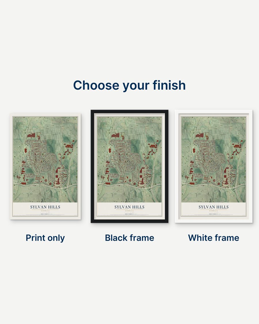 The Sylvan Hills, Georgia map as a print only, in a black frame and in a white frame