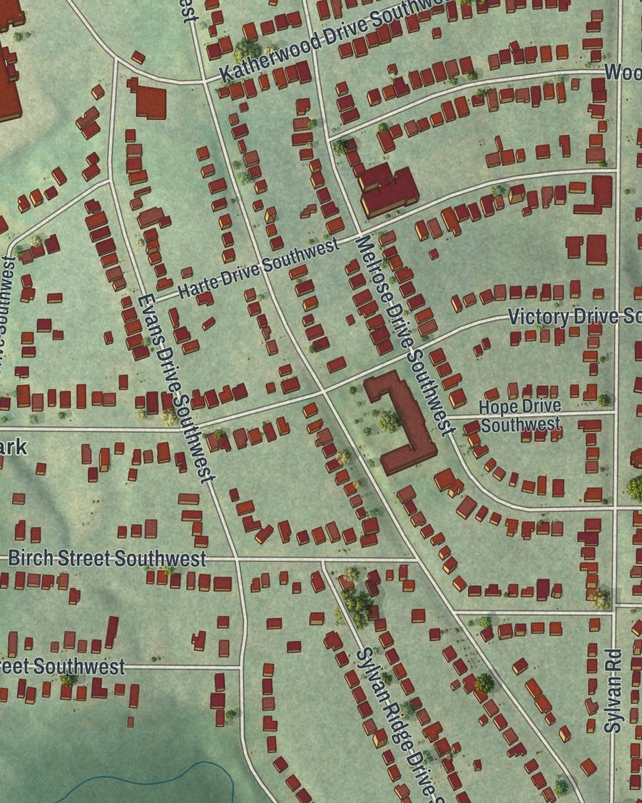 Close-up of Sylvan Hills streets on the map