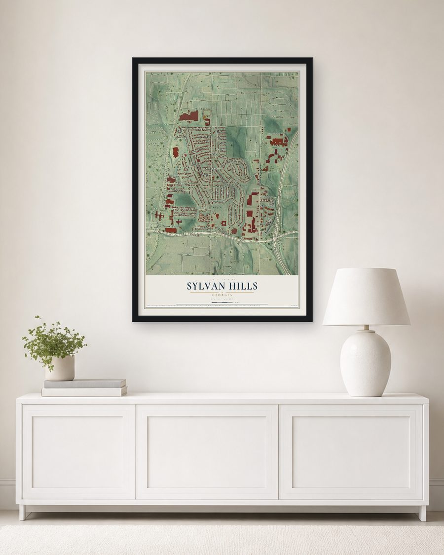 The Sylvan Hills, Georgia map, 24 x 36 in, in a black wood frame on a living room wall