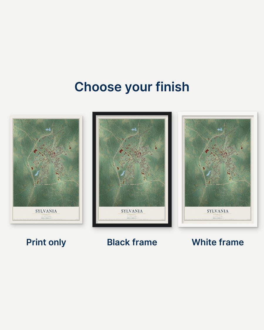 The Sylvania, Georgia map as a print only, in a black frame and in a white frame