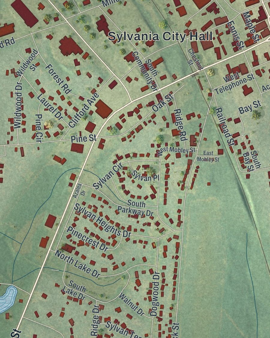 Close-up of Sylvania streets on the map