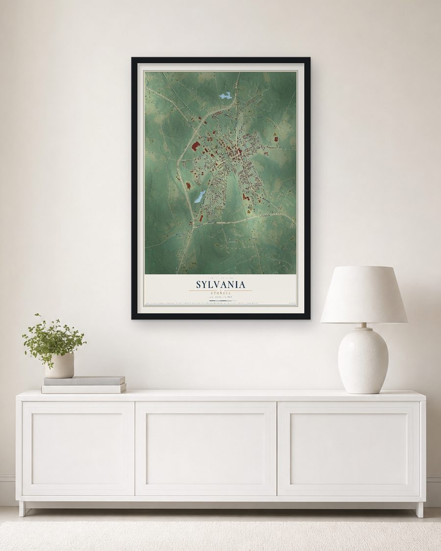 The Sylvania, Georgia map, 24 x 36 in, in a black wood frame on a living room wall