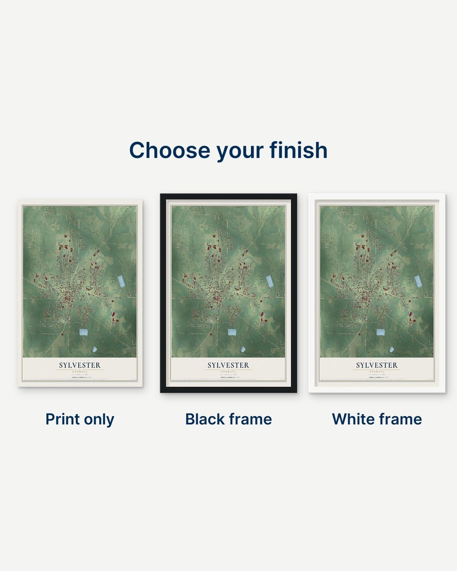The Sylvester, Georgia map as a print only, in a black frame and in a white frame
